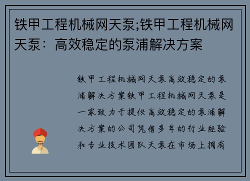 铁甲工程机械网天泵;铁甲工程机械网天泵：高效稳定的泵浦解决方案